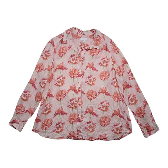 Charter Club 100% Linen Top Women's Pink Floral Button Up Long Sleeve Vacation - Picture 1 of 8